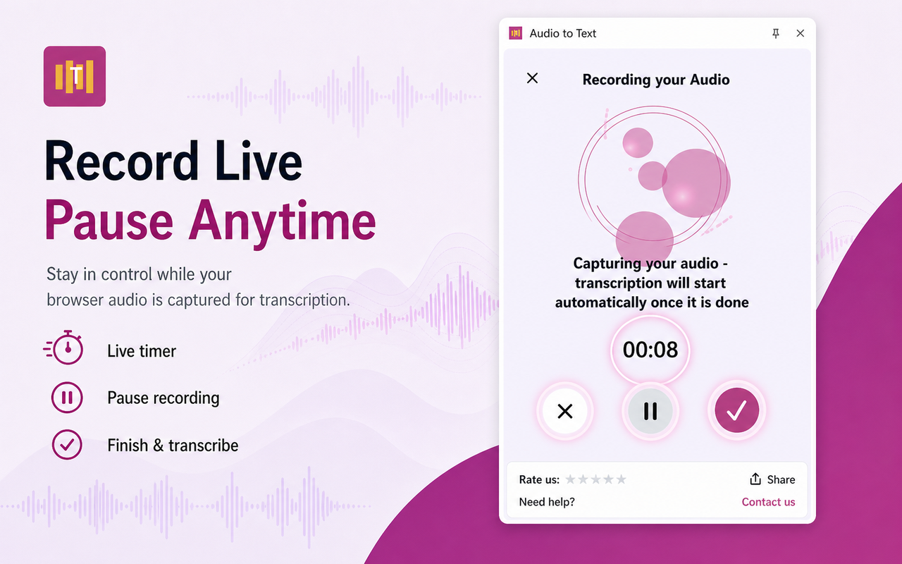 Browser audio recording screen in the Chrome extension