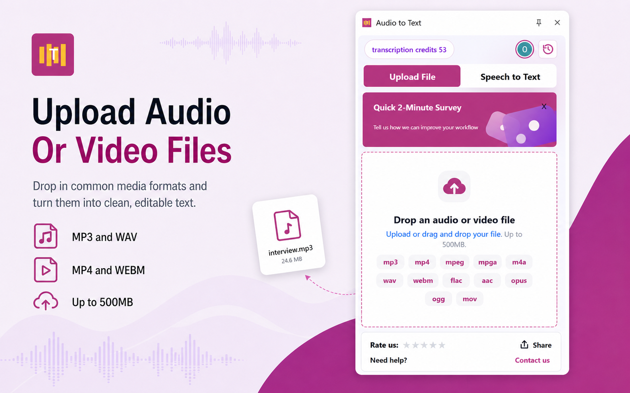 Upload file screen for audio and video transcription in Chrome extension